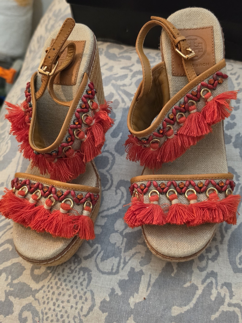Tory Burch Niyah BohoTassel Leather-Trim Wedge Sandals